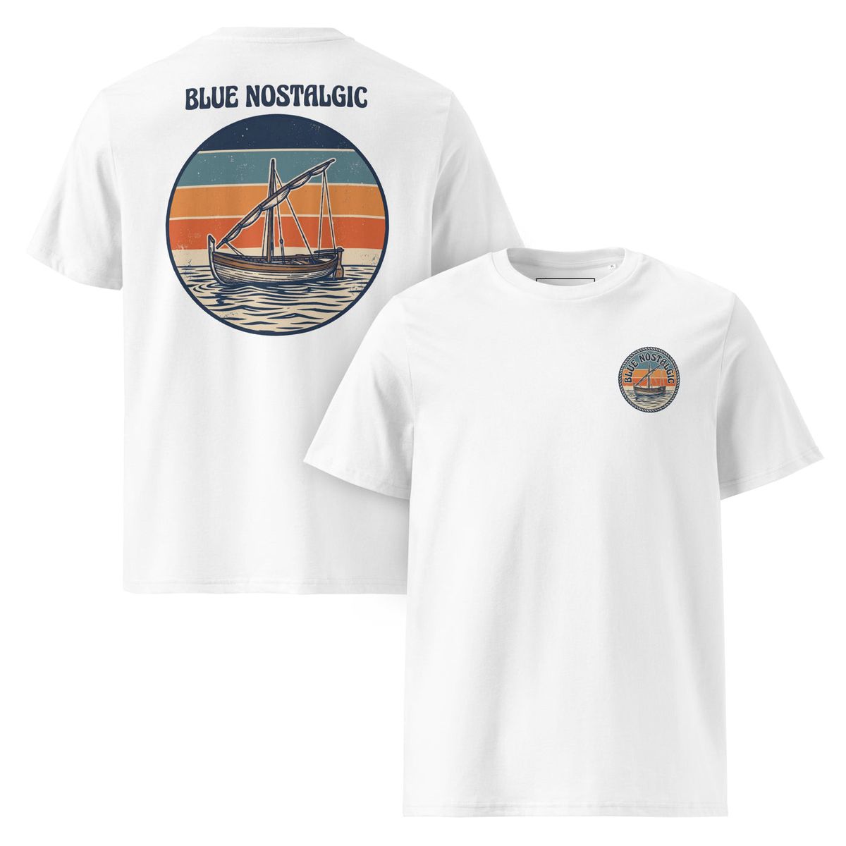 T-shirt Signature Blue Nostalgic en coton bio, à plat, vue de face et de dos