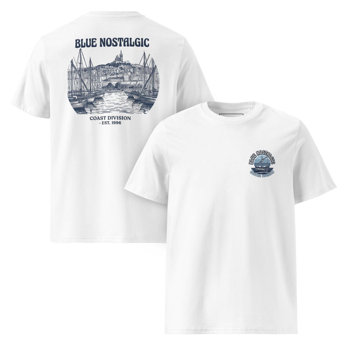 T-shirt Vieux-Port Blue Nostalgic en coton bio, à plat, vue de face et de dos